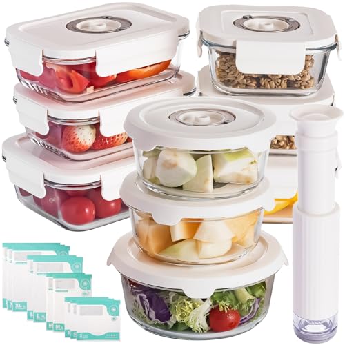 FreshSeal Glass Vacuum Sealable Container Set for Food Storage, 9 Pieces, 6 Sizes, with Hand Vacuum Pump and 10 Vacuum Sealable Bags