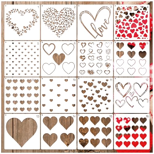 16 Pieces Heart Stencils for Crafts Reusable Mixed Media Geometric Stencils for Painting on Canvas Scrapbook Paper Fabric Pillows Card Making (16 Heart)