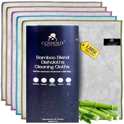 Bamboo Blend Dish Cloths & Cleaning Towels for Kitchen & Home – Absorbent, Quick-Dry, Non-Scratch Washcloths, 10x10 Inches, 5 Pack, Reusable, Hygienic, Multi-Color