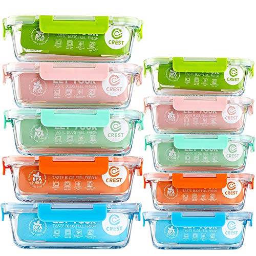 C CREST [10-Pack Glass Food Storage Containers (A Set of Five Colors), Meal Prep Containers with Lids for Kitchen, Home Use - Airtight Glass Lunch Boxes