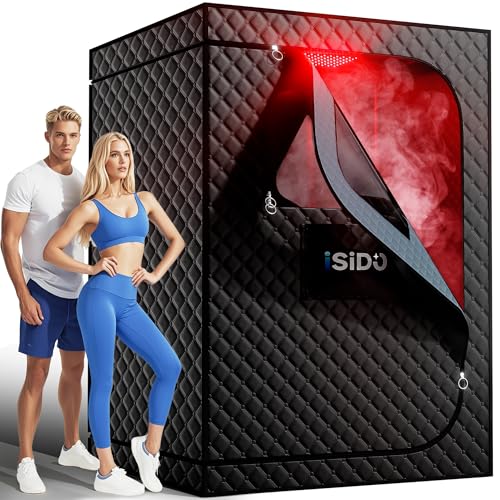 ISIDO 2 Person Sauna Portable Infrared Steam Sauna with 660nm Red Light Therapy Lamp & 2X 3L 1300W Steamers, 2 Folding Chair, XXXL Sauna Box Sauna Tent Home Sauna, 72"x 50"x 36"