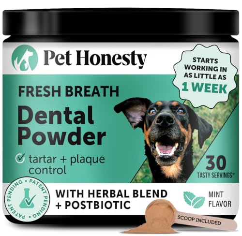 Dog Breath Freshener Dental Powder for Teeth Cleaning Plaque Off, Dental Care for Dogs, Tartar Remover for Teeth with Natural Herbal Blend + Postbiotics (Mint - 30 Servings)