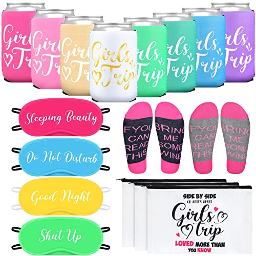 Tisancy 32 Pcs Girl Trip Gifts Favors 2025 Girls Weekend Favors for Trip Bachelorette Party Weekend Gifts Eye Mask Can Sleeves Socks Travel Makeup Bags for Ladies Cruise Vacation Party
