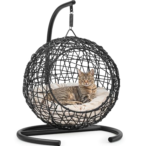 YITAHOME Cat Swing Bed with Stand & Cushion, Cat Egg Chair with Rattan Wicker Appearance, Indoor Hanging Swinging Cat Bed for Cats, Small Dogs, and Small Animals, Black