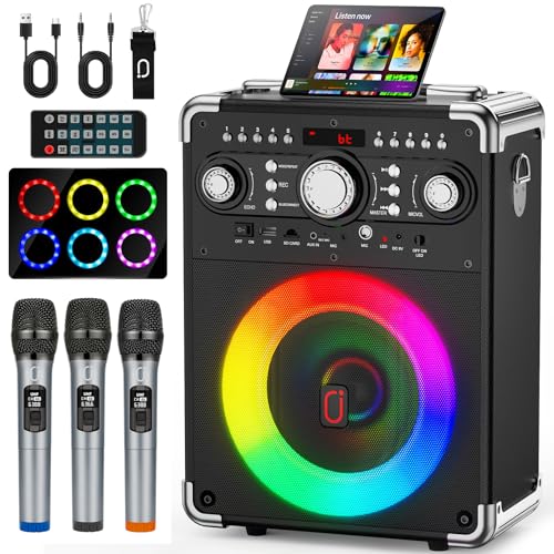 Pro Audio Certified Karaoke Machine with 3 Mics, 24H Playtime Portable Bluetooth 5.3 Party Speakerw/DJ Light & Bass Boost, All-in-1 Home Entertainment System for Adults/Kids, Indoor/Outdoor Gathering
