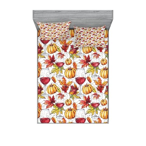 Ambesonne Fall Fitted Sheet & Pillow Sham Set, Wine Glass Pumpkins Grape Leaves Monochrome Autumnal Theme Print, Decorative Printed 3 Piece Bedding Decor Set, King, Pale Maroon Apricot and Green