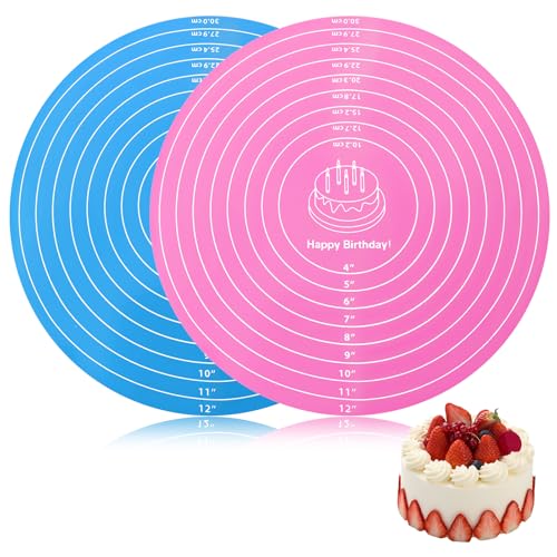 YBEATY 2 PCS 12 Inch Silicone Cake Mat Round Silicone Baking Mat with Measurements Pink Blue Reusable Non-Stick Sheets Heat Resistant Cookie Pad for Baking Pizza Pan Rolling Dough Pastry