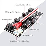 6 Pack PCIe Riser 1x to 16x, GPU Mining Riser Card Powered Riser Adapter Card VER010S PCI-E Extension Cable with LED & Triple Power Supply - GPU Riser Extender Mining ETH