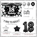 18th Birthday Decorations Black and Silver Time to Adult 18 Years Old Birthday Decorations Happy 18th Birthday Cake Topper Backdrop Banner Star Foil Balloons for Boys Girls