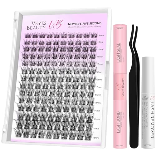 VEYESBEAUTY LuxeBold Cluster Lashes Kit Individual Lash Extensions Newbie's Five-Second DIY Dramatic Volume Eyelash Wispy Faux Mink Lash Mixed Length Tray with Bond & Seal, Applicator at Home