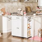 HOOBRO Kitchen Island with Power Outlet, Kitchen Storage Island with Spice Rack and Drawer, Rolling Kitchen Cart on Wheels, for Home, Kitchen and Dining Room, White WT82UZD01G1