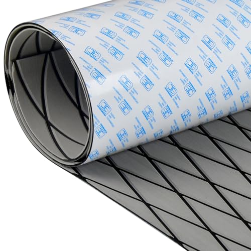 OCEANBROAD Self-Adhesive 96''x45'' Diamond Pattern Boat Flooring EVA Foam Marine Boat Decking Sheet Non-Slip Mat for Jon Motor Boats Yacht Helm Pad RV Floor, Gray with Black Seam Lines