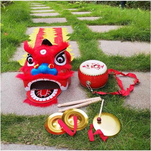Quepiem Lion Dance 14 Inch 5-12 Age Boy Girl Chinese New Year Lion Dance Costume Drum Gong Cymbals Outdoor Sports Dragon and Lion Dance Costume for Party Carnival Festival(Red)