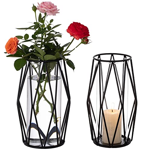 Black Geometric Pillar Candle Holder - 2pcs Glass Cylinder Hurricane Candleholders with Metal Candle Stand, Creative Trendy Vase for Office Wedding Holiday Party Gifts