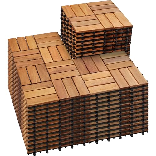 PrimeZone 54 PCS Solid Acacia Wood Interlocking Patio Deck Tiles - 12" x 12" Indoor Outdoor Waterproof Flooring Tiles for Balcony, Backyard & Poolside, All Weather Use, Natural Wood, Checker