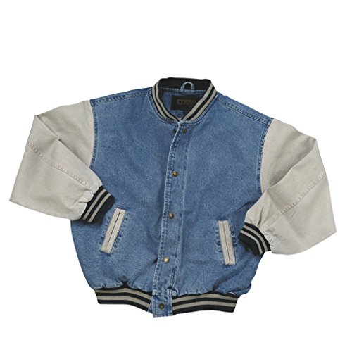 TRENDWAVE SPORTSWEAR Cotton-Washed Vintage Denim Varsity Jacket with Khaki Sleeves (Medium)