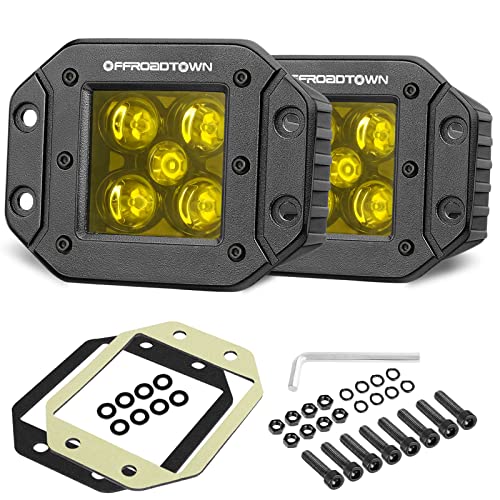 OFFROADTOWN 5 Inch Yellow Flush Mount LED Pods 2PCS 100W CREE LED Light Pods Spot Beam Off Road Driving Lights Fog Lights Reverse Lighting for Truck UTV ATV SUV Honda Chevy Boat