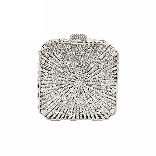Boutique De FGG Women Metal Box Crystal Clutch Purse Evening Bag Wedding Bridal Rhinestone Handbags Party Clutch Bag,Mini,Silver