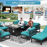 NICESOUL® 9 Pieces Aluminum Outdoor Patio Sectional Furniture Sofa Set with Fire Pit Table Large Size Luxury Comfortable Durable Water/UV-Resistant for Garden Porch Backyard Party (Teal Blue Cushion)