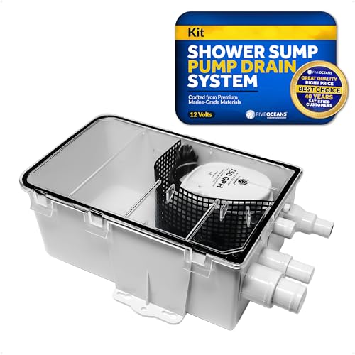 Five Oceans 750 GPH Boat Shower Sump Pump Drain System Kit, 12-Volts, Multiple Inlet Ports, Clear Cover, Check-Valve on Outlet - FO3611