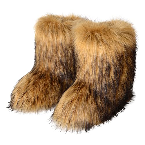 Furry Faux Fur Boots Women's Winter Shoes Woman Fluffy Warm Snow Boots Mid-Calf Fashion Comfortable Outdoor Flat Shoes (Brown, adult, women, numeric_7, numeric, us_footwear_size_system, medium)