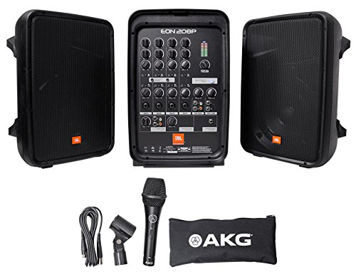 JBL Professional EON208P Portable All-in-One Dual Speaker, 2-way PA System with AKG Vocal Microphone, 8-Channel Mixer and Bluetooth, Black