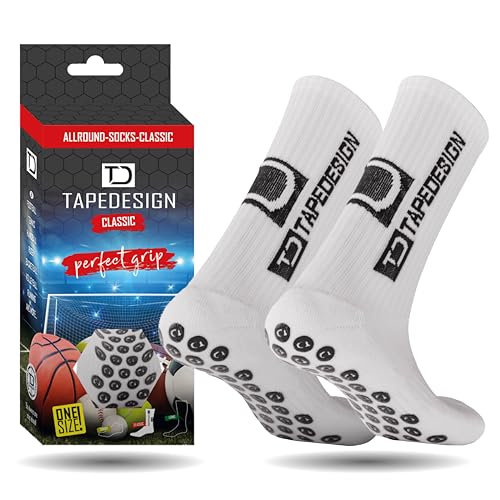 Tapedesign - "Classic 1 Pair Non-Slip Soccer Socks in White (Size 5-14) for Men, Women & Kids - Football Grip Socks for Adult & Youth (Unisex) - Anti-Slip Sport Socks for Basketball, Tennis & Running