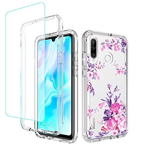 Yerebel Case for Huawei P30 Lite/Nova 4E MAR-LX3A with Tempered Glass Screen Protector, Floral Design Shockproof Bumper Full Body Protective Cell Phone Cover for Huawei P30 Lite (Rose)