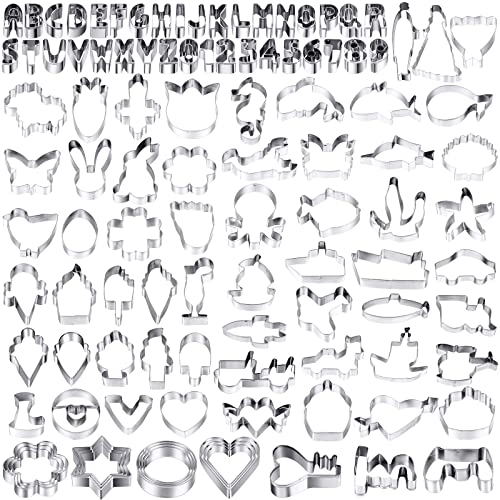 108 Pcs Metal Cookie Cutters Set Stainless Steel Biscuit Cutter Molds Include Heart Star Round Flower Vehicle Sea Creatures Alphabet Numbers Ice Cream Cone Fruit Shapes Cookie Cut Tools for Baking