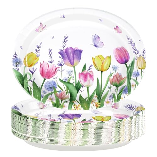 50 Pcs Tulip Oval Paper Plates Large 10" x 12" Tulip Lavender Floral Plates Disposable Heavy Duty Butterfly Flower Plates for Easter Spring Wedding Bridal Baby Shower Decor Birthday Tea Party Supplies