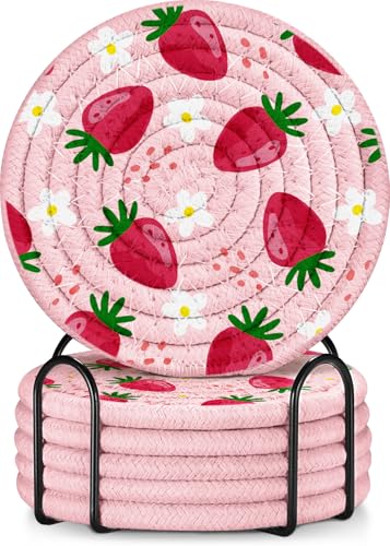 Kokaaee Cup Coasters for Drinks Absorbent - for Coffee Wooden Table Office Cute Farmhouse Outdoor Rustic Desk Kawaii Woven Women Kids Soft Cloth Braided Fabric Strawberry Coaster Set of 6 with Holder