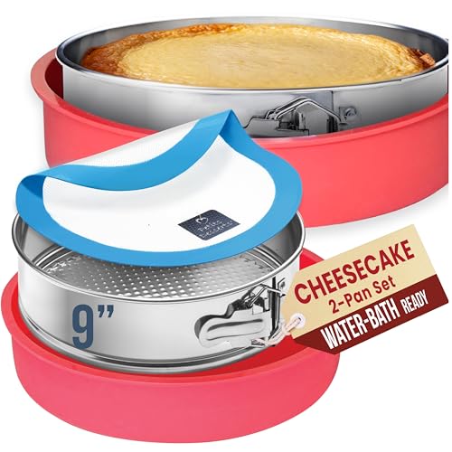 PETÍTS DESSERTS Cheese Cake Pans for Baking - NON TOXIC 9 Inch Spring Form Pan for Cheesecake with LEAKPROOF SILICONE PROTECTOR - STAINLESS STEEL 9 Inch Springform Pan for Cheesecake WATER BATH