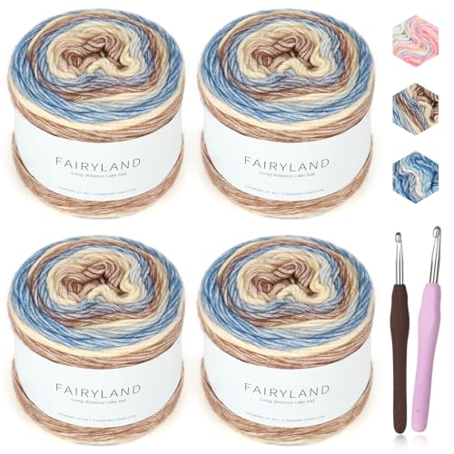Katech Fairyland Yarn for Crocheting Knitting-Gradient Yarn Cake -4 Pack of 100g/3.52 oz-60% Cotton 30% Acrylic 10% Wool-Perfect for Scarves, Shawls, Blankets and Garments That Stand Out with Style(A)