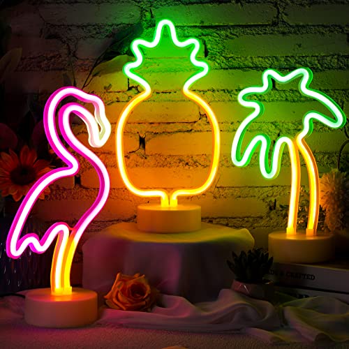 Liliful 3 Pcs Neon Sign Pineapple Neon Lights Sign Pink Flamingo Neon Lights Palm Tree Neon Sign Battery USB Powered Neon Lights Birthday Gifts with Pedestal for Adults Bedroom Hawaiian Party