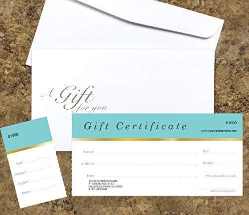 Custom Gift Certificates For Business - Add Your Store Name and Address, Comes with Free matching Envelopes and Sequential Numbering Printing (Aqua Blue)