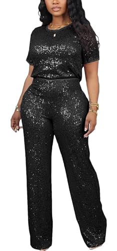 LROSEY Summer Women's Sequin Two Piece Outfits Glitter Sparkly Tops Pants Suit Set Jumpsuit for Party Disco Birthday