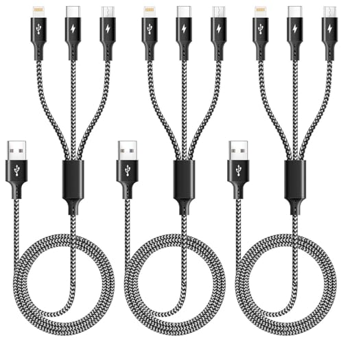 3 in 1 Multiple Charging Cord(3Pack 4Ft), Braided Multi Charger Cable Fast Charging Cable Universal USB Cable with Type C/Micro USB Port for Cell Phones, iPhone 16 15 14 13 Series, Tablets, More