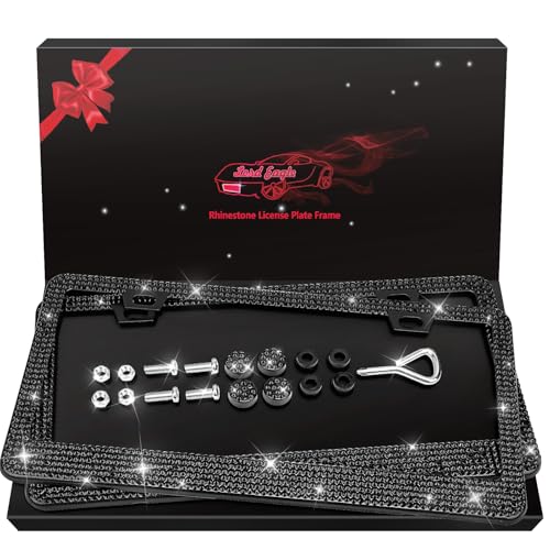 Bling License Plate Frame 2 Pack - Stainless Steel Black Rhinestones Car Accessories with 1200 Crystals, Universal Fit Decorative Diamond Plate Covers for Women Men All Cars