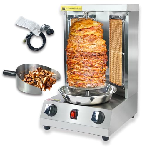 Generic Shwarma Grill Machine Gas Doner Kebab Machine Shawarma Cooker Propane Turkish Gyro Meat Rotisserie with 2 Burner and Meat Catch Pan, Silver