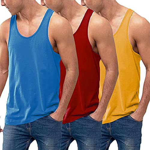 COOFANDY Men's 3 Pack Tank Tops Cotton Performance Sleeveless Casual Classic T Shirts (Blue/Red/Yellow, Large)