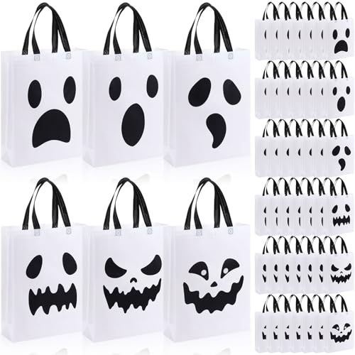 Sanwuta 48 Pcs Halloween Tote Gift Bags 14.9 x 11.8 Large Ghost Reusable Non Woven Candy Treat Goodies Bags for Halloween Party Supplies