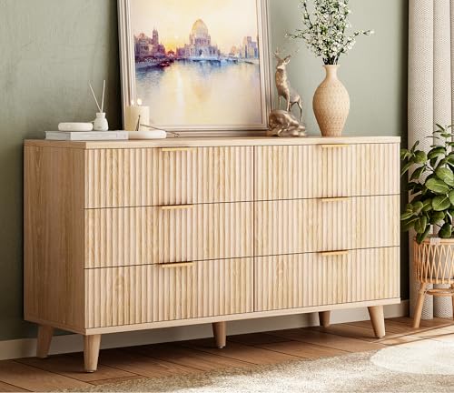 Lulive Dresser for Bedroom Wooden Chest of Drawers, Fluted Mid Century Modern Dressers TV Stand 6 Drawers for Bedroom, Closet, Living Room, Hallway Natural