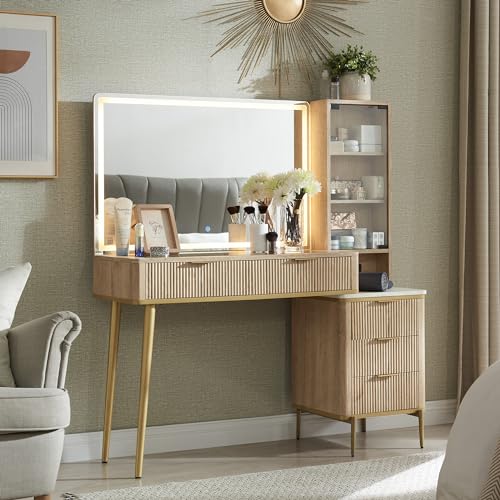 T4TREAM Fluted Makeup Vanity Desk with 36" HD Lighted Mirror, 48" Big Modern Vanity Desk with Mirror and Lights, Dressing Table with 5 Drawers & Shelves, Glass Top for Bedroom (Natural Oak)