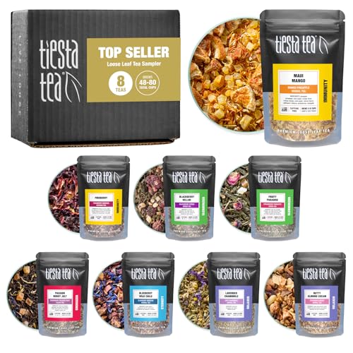 Tiesta Tea - Top 8 Favorites Loose Leaf Sampler Dry Flight Set - High to No Caffeine - Makes Hot & Iced - Assorted Tea Sets with Herbal, Black, Fruit & More - 8 Resealable Sample Pouches