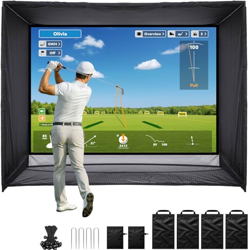 ZEALFEEL Golf Simulator Enclosure, 10x8FT Golf Net with HD Impact Screen & Side Barriers – Dual-Layer Impact Screen, Foam-Padded Frame, Indoor Cage Net for Home Garage Studio