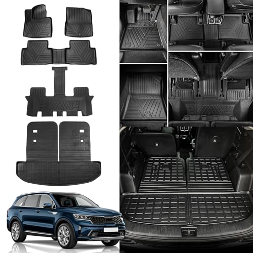 Rongtaod Floor Mats Compatible with 2021-2024 2025 Kia Sorento 6&7 Seats (not for Hybrid) Cargo Mat Cargo Liner Back Seat Cover 2023 Sorento Accessories (Trunk Mat with Backrest Mat+Floor Mats)