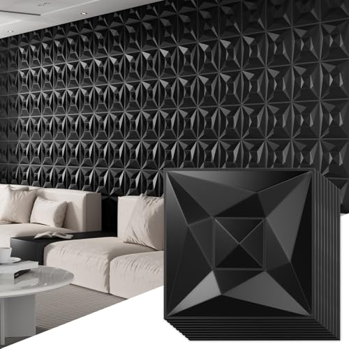 Umedol 40 PCS 3D Wall Panels for Interior Wall Décor Black 11.8"*11.8" Wall Covering Panels, PVC Textured 3D Wall Tile for Living Room, Bedroom DIY Interior Wall Décor