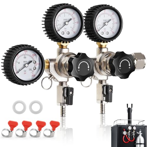 CO2 Regulator for Dual Tap Kegerator Draft Beer Tower Dispenser, Dual Keg Regulator CO2 Beer Pressure Regulator 0-60psi,CGA-320 CO2 Tank Regulator Gas Regulator 0-3000psi,Kegerator C02 Regulator Gauge