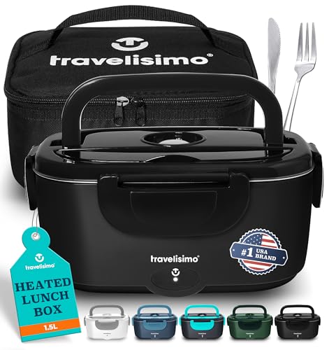 TRAVELISIMO Electric Lunch Box for Adults, 80W Heated Lunch Box 1.5L Stainless Steel Heated Lunchbox For Adults, 12/24/110V Self Heating Lunch Box for Car Truck Work, Gifts For Women, Gifts For Men