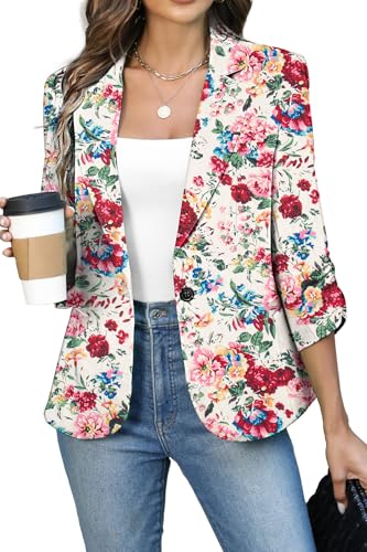 ELLEVEN Womens Blazer Business Casual Suit Jacket Slim Fit Fitted Ruched 3/4 Sleeve Petite Crop Blazer Dressy Full Lining Lightweight Outfits Coat with Padded Shoulder White Red Floral Large